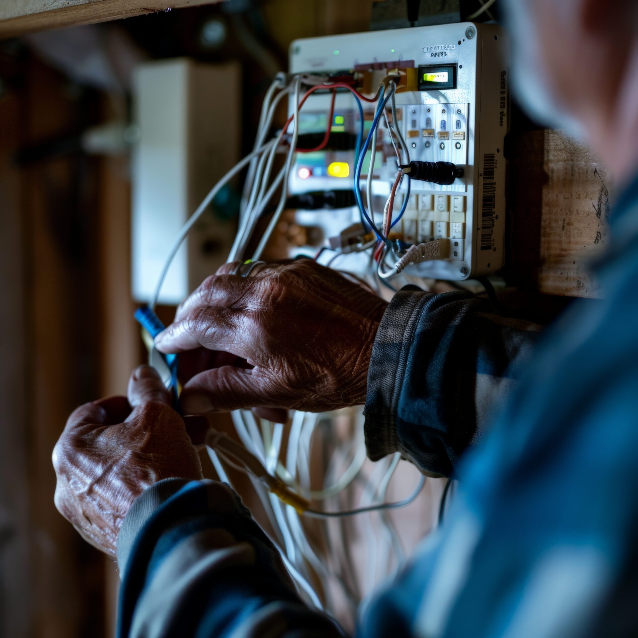 Close up of an electrician working on electrical wiring, hands adjusting cables in a dimly lit environment, focusing on detailed repair work